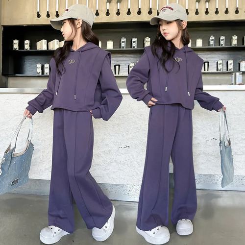 Korean-style girls' outfit: Mid-to-late childhood spring/fall trendy lettered hoodie paired with stylish casual pants—two-piece set