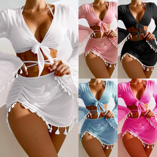 2024 new European and American cross-border conservative swimsuit women's solid color tassel mesh blouse short skirt four-piece bikini