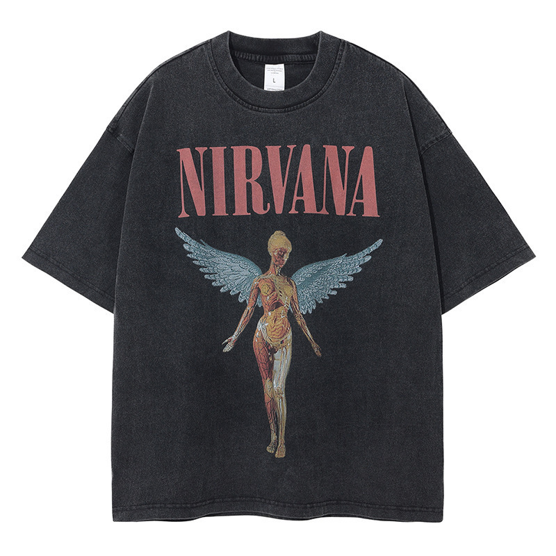 Nirvana Band T-Shirt Long-Sleeved European and American Vintage American Retro Washed Old Nirvana Short-Sleeved T-Shirt for Men and Women Nirvana Band T-Shirt Long-Sleeved European and American Vintage American Retro Washed Old Nirvana Short-Sleeved T-Shirt for Men and Women