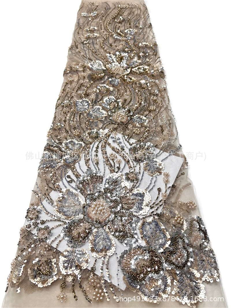 Flores tela de malla de cuentas de clavos de fabricación pesada sequinilla perla bordada cola de pescado cena brindis vestido de boda tela