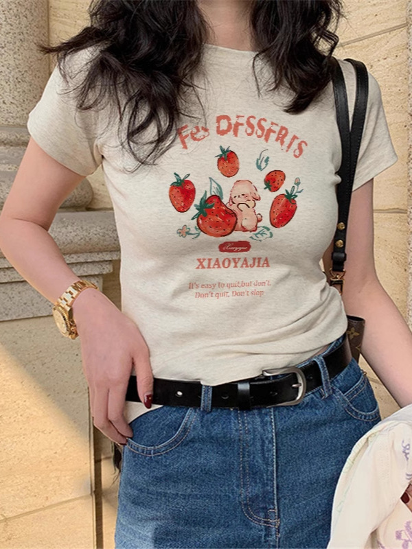 アメリカンレトロショルダー漫画イチゴバニー半袖Tシャツレディース夏の新しい甘いホットガールカジュアル多用途トップ|undefined