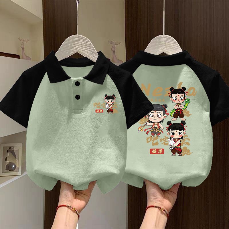 Cotton Boys Summer Nezha Polo Shirt Short-sleeved 2025 New Baby Handsome Lapel T-shirt Big Kids Top