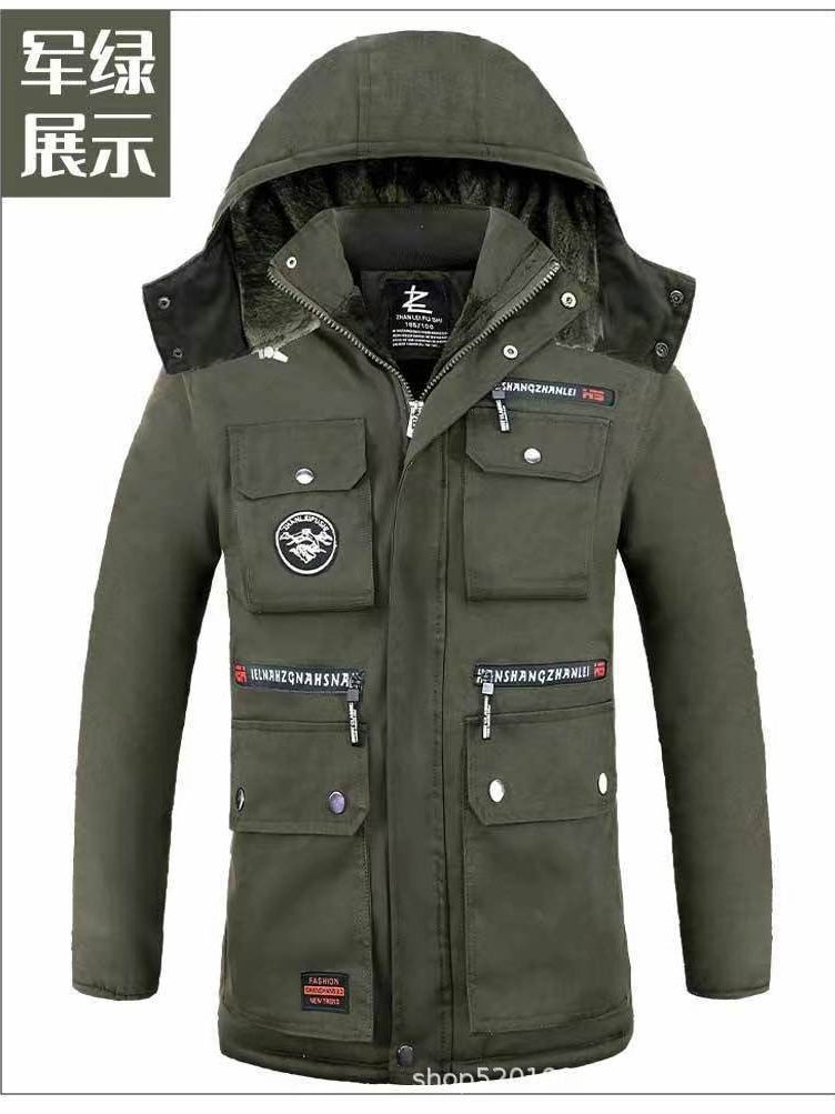 Invierno militar verde agua lavada ropa de algodón con sombrero de vello, ropa de algodón caliente, ropa de algodón de bolsillo, ropa de algodón de protección contra el frío