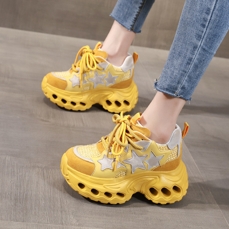 Giày sneaker nữ đế dày chunky lưới thoáng khí tăng chiều cao — màu trắng