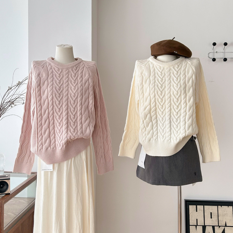 Cream-Colored Cable Knit Sweater, Gentle Round-Neck White Cable Knit Sweater for Women, Winter Knitwear, Base Layer Top