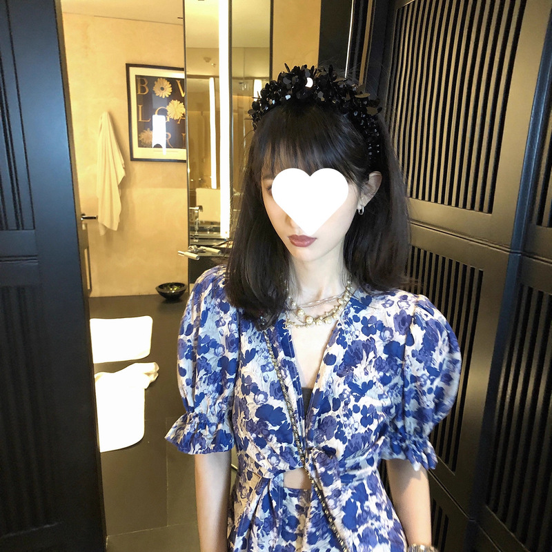 /Beverly Platinum Blue Sexy V-Neck Floral Skirt Women's Short Slim Puff Sleeve Dress /Beverly Platinum Blue Sexy V-Neck Floral Skirt Women's Short Slim Puff Sleeve Dress