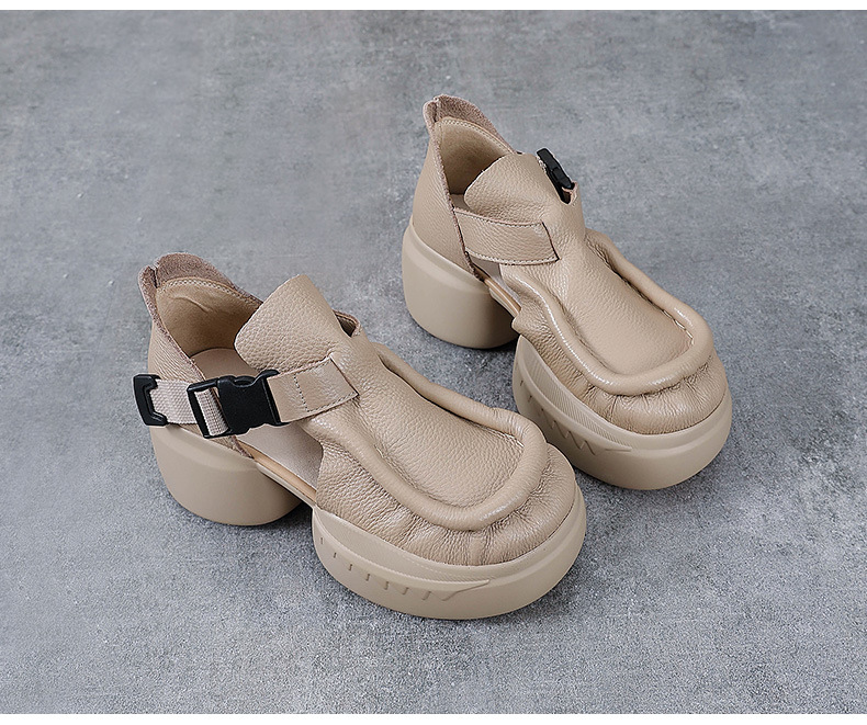 Sandal cao gót nữ quai ngang đế xốp dày da bò thật — Màu nâu chi tiết 16