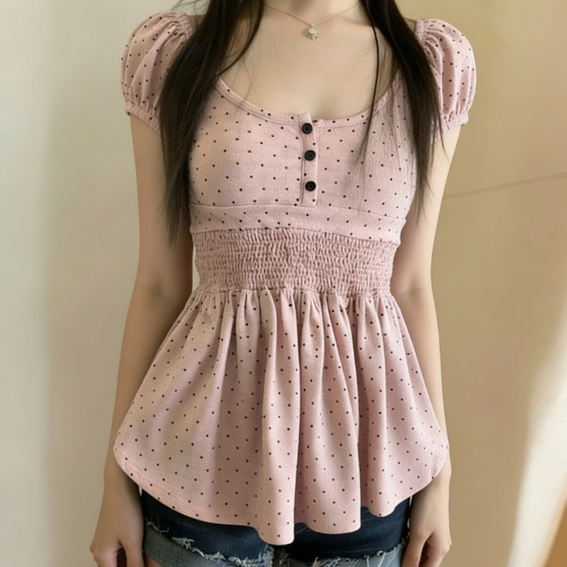 Korean-Style Sweet Polka Dot Color-Blocking Retro A-Line Doll Shirt Top, Simple Waist-Cinching Youthful Short-Sleeve T-Shirt