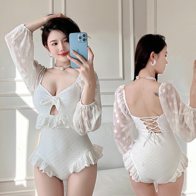 2022 the republic of korea new pattern hot spring Swimwear sexy V. Wave Lace Sleeves Sunscreen Paige Conjoined Swimsuit
