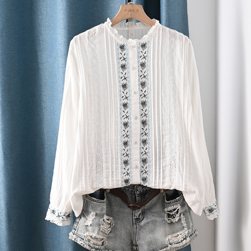Sweet Lace Heavy Embroidery Cross-Stitch Pleated Splicing Double-Layer Cotton Gauze Shirt Loose Slimming Top