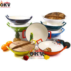 珐琅搪瓷36cm炒锅双耳铸铁加厚一锅通用带木盖 cast iron wok pan