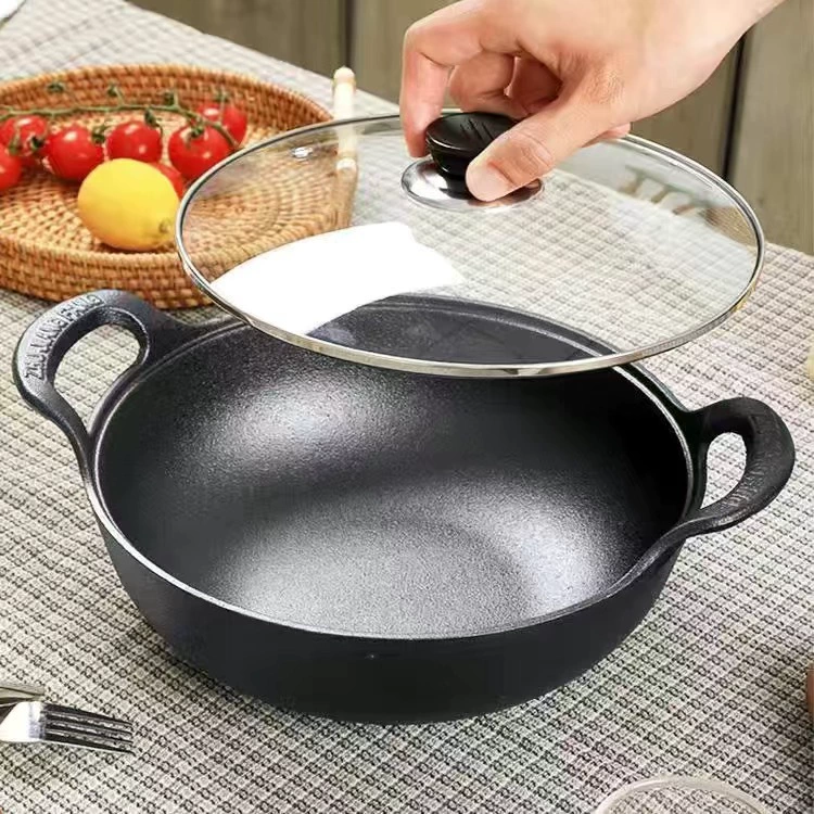 Чугунная слитковая кастрюля толстая с двойной ручкой для рагу, супниковая кастрюля, домашняя маленькая сковорода для жарки без покрытия без пригорания