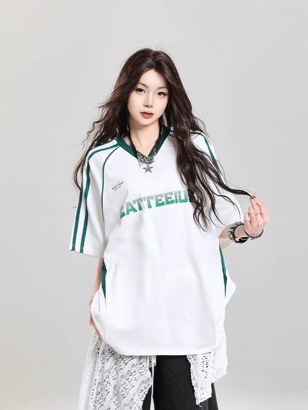 Jersey Style Letter Short-Sleeved T-Shirt Summer American Retro Sports Casual Loose Design Niche Half-Sleeved Top
