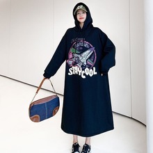 韩国东大门时尚字母印花宽松大版连帽开叉长款卫衣裙过膝长裙秋冬