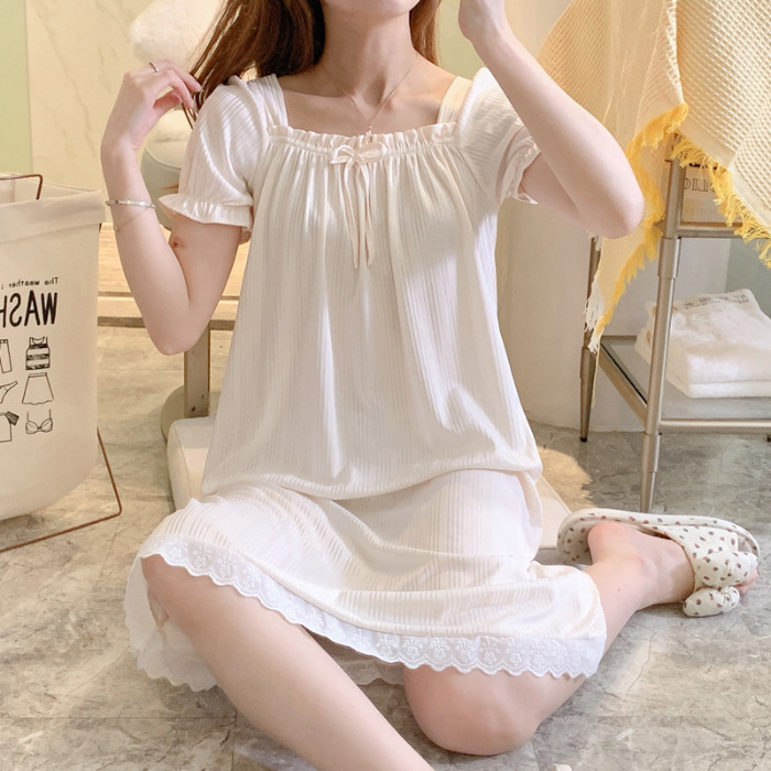 Verano delgado lindos pijamas bonitos rasgos de encaje un cuello de manga corta pijama vestido para el hogar de mujeres