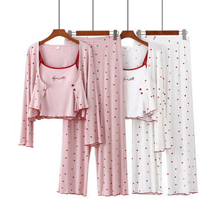 2025 Modal 8*5 Ribbed Heart Print Chest Pad Camisole Long Sleeve Long Pants Loungewear Pajamas Spring Summer Set