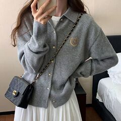 高级感宽松慵懒风软糯毛衣外套上衣秋季学院风刺绣POLO领针织开衫