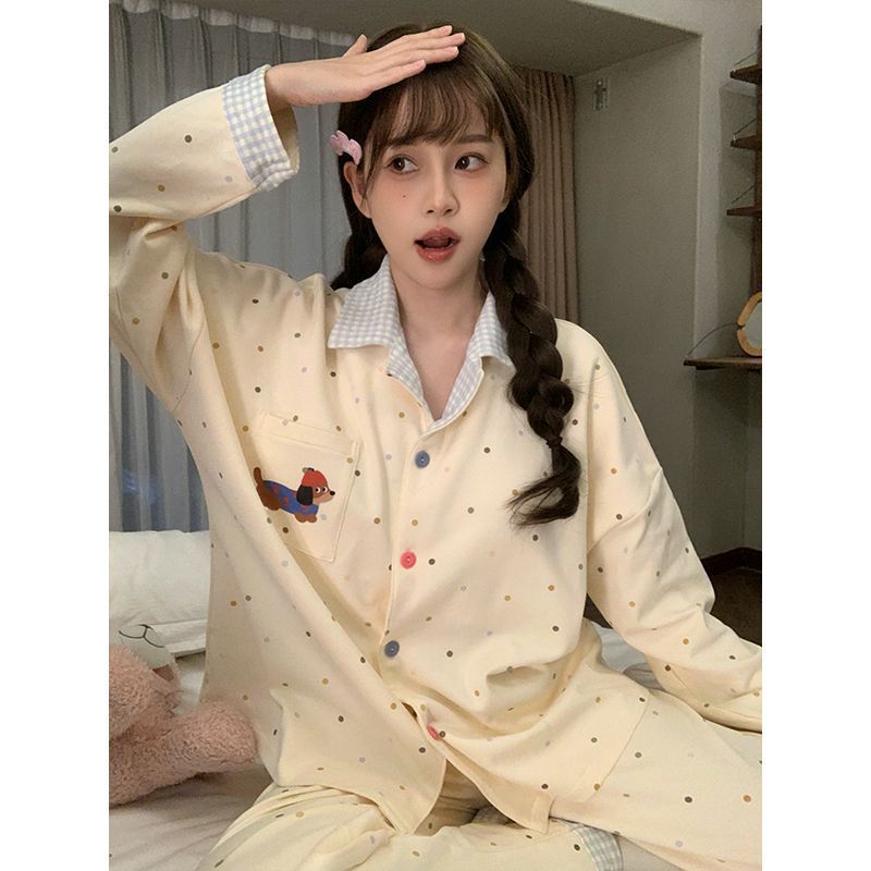 日系卡通睡衣女春秋季新款棉绸波点腊肠狗长袖大码网红家居服套装|undefined