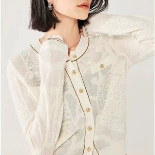 雅家2025新款长袖圆领外搭羊毛小香风针织开衫女装百搭几何图案