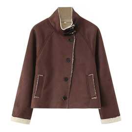 外贸批发2025新款欧美女装时尚简约麂皮绒复合长袖高领棉衣