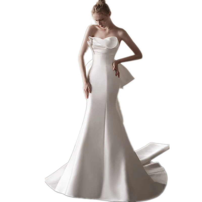 Amazon AliExpress vestido de boda de satén alto estilo francés blanco delgado pecho cola simple mariposa de boda image 6