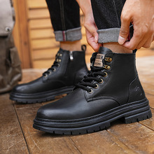 马丁靴男秋季中帮厚底工装男士真皮软底踢不烂防水鞋冬季加绒棉鞋