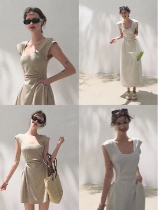 60-Count Soft and Stretchy Air-Layer U-Neck Skin-Friendly Everyday Dress with Straight Shoulders and Waist-Cinching Design for Tall Individuals