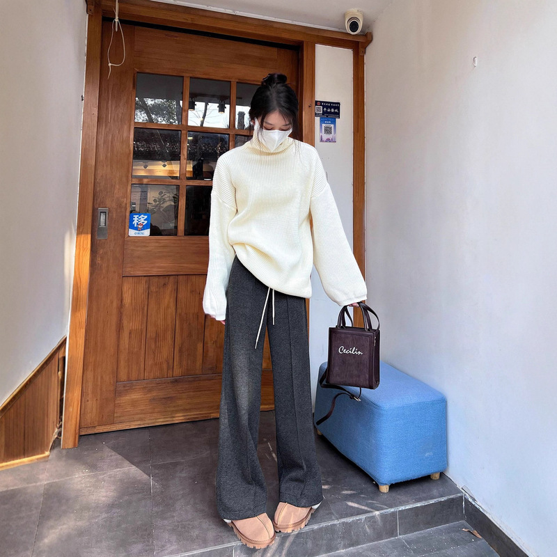 重工醋酸羊绒人字纹直筒裤女2025秋冬新款垂感显瘦休闲毛呢裤子|undefined