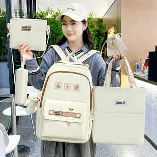 Cross-border in stock wholesale simple all-match solid color student schoolbag women's large capacity casual backpack five-piece backpack