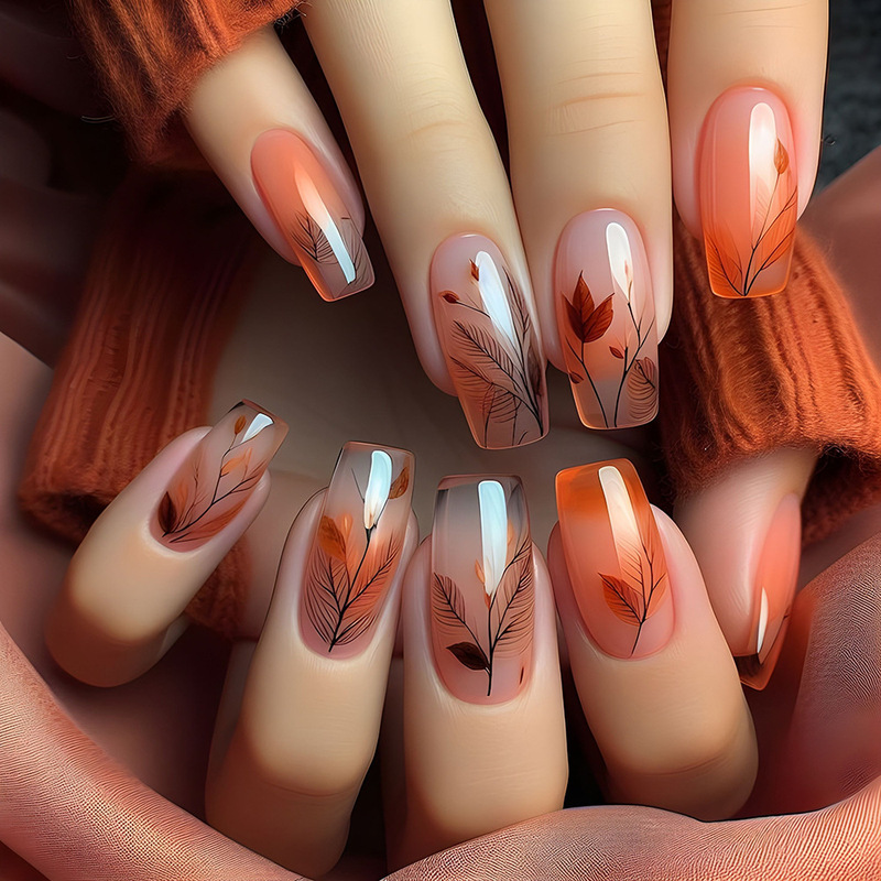 Cross-Border Hot-Selling Warm Orange Atmosphere Manicure, Gradient Autumn Leaves, Gentle Elegant Nails, Exquisite Literary Style Nail Patches