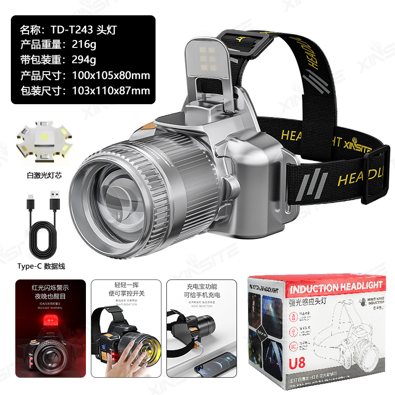 Nuevos faros para exteriores transfronterizos, larga duración de la batería, iluminación de alto brillo, luz roja, lámpara de auriculares con sensor multifuncional