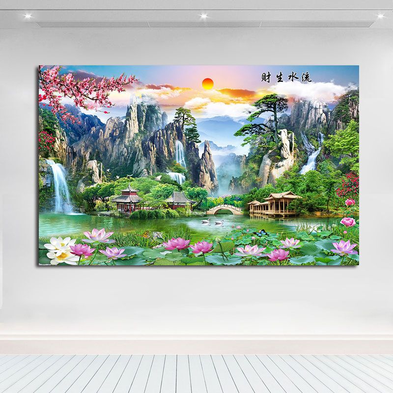 流水生財風景ポスター山水画壁貼りリビング装飾壁掛け絵テレビ背景壁自己貼り付け絵|undefined