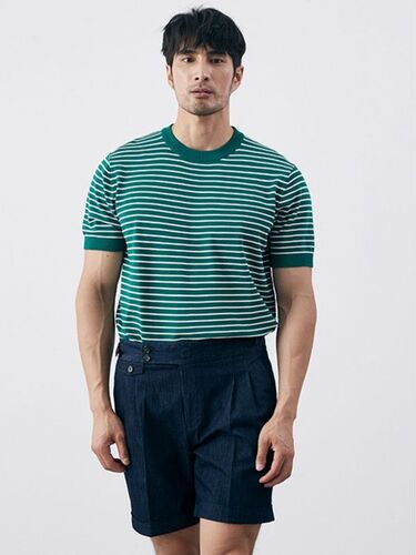 Summer Men's High-End Casual Striped Crew Neck Knit T-Shirt with Antibacterial Wrinkle-Resistant Slim Fit Green Short Sleeve Trendy