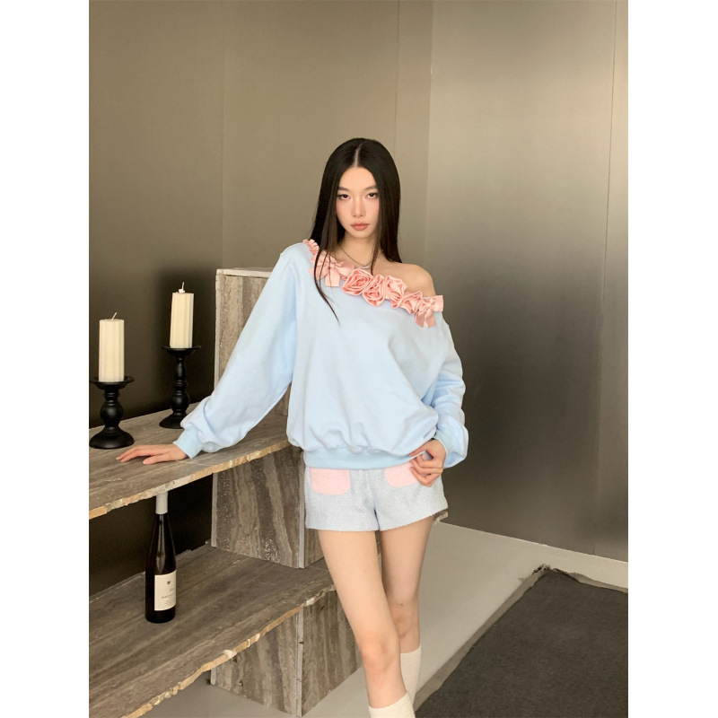 Spring, Autumn and Winter Pink Satin Bow Rose Stitching Blue Knitted One-Shoulder Off-Shoulder Sweatshirt Two-Piece Suit