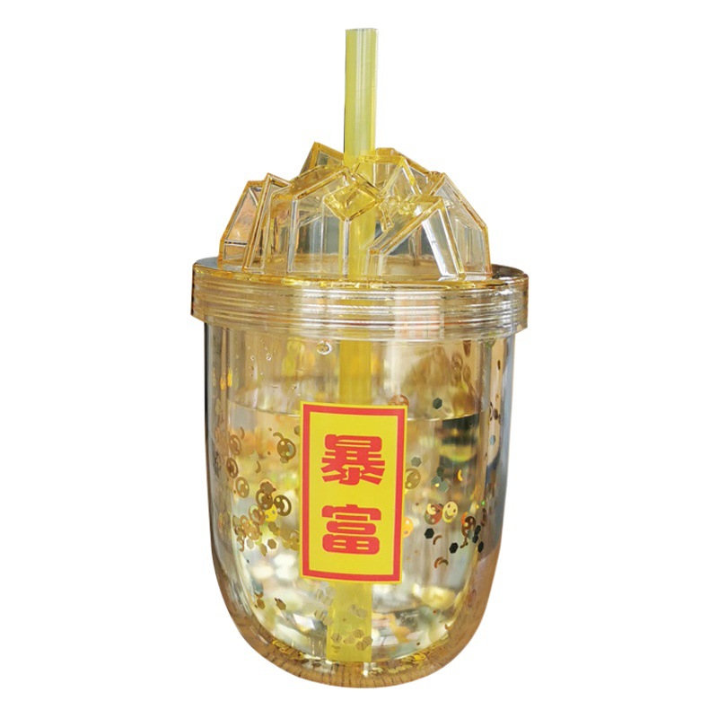 Fábrica al por mayor coreano de gran diámetro de paja de leche taza de té de gran capacidad de doble capa estudiante pareja brillo como taza de agua de plástico
