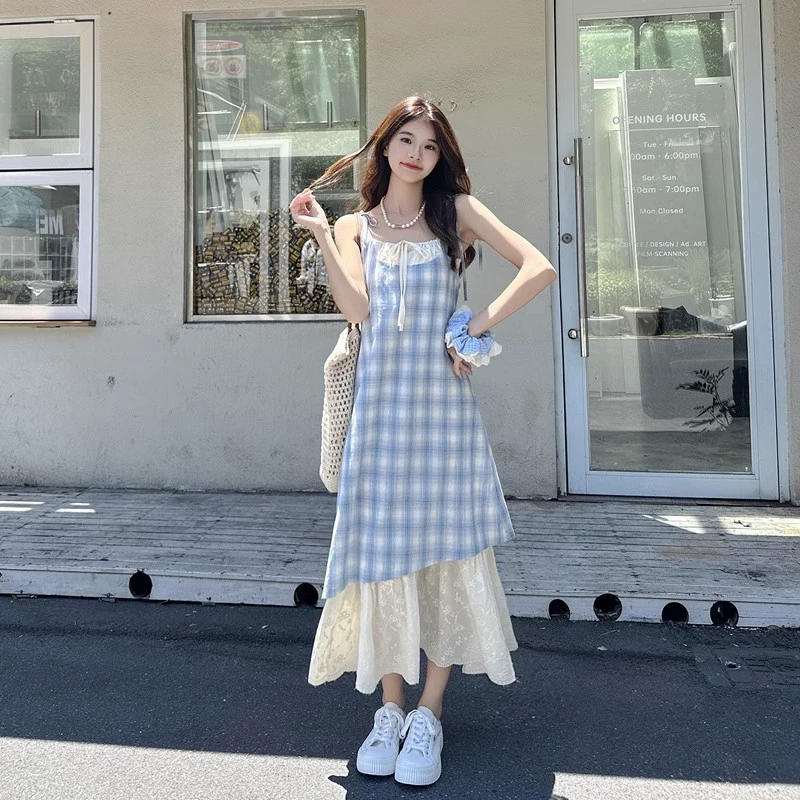 [Приветственный знак] Синее клетчатое платье-юбка на подтяжках, новое летнее платье из двух частей с кружевным дизайном, длинное