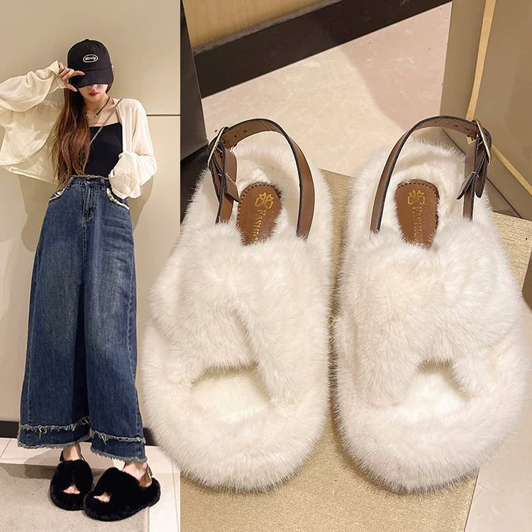 Модные пушистые тапочки для женщин, подходят для ношения на улице, новинка лета и осени 2024 года, домашние нескользящие удобные тапочки на толстой подошве для офиса, хлопковые.