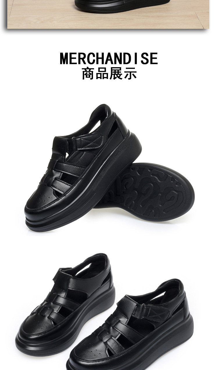 Dép sandal nữ da thật mũi kín quai chữ V đế dày — đen chi tiết 17