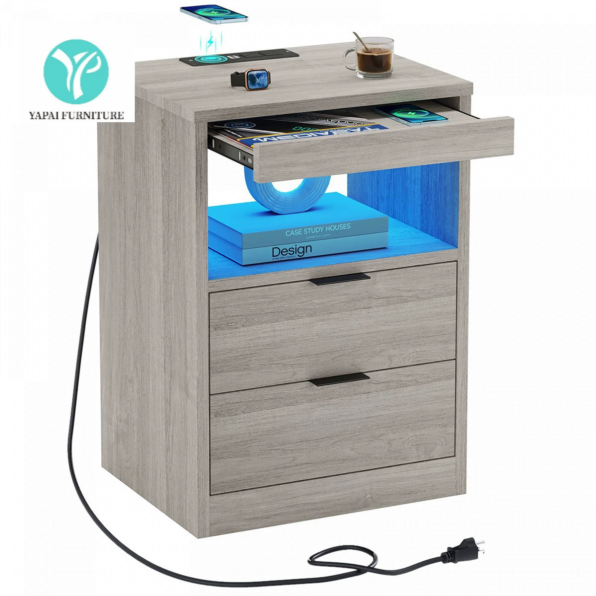 Панельная мебель Amazon для трансграничных поставок: прикроватная тумбочка с LED-подсветкой и местом для хранения, оптом от производителя