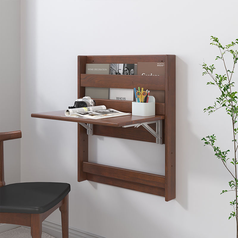 All Solid Wood Wall-Mounted Folding Desk Wall-Mounted Table Suspended Study Table Bookshelf Small Bedroom Study