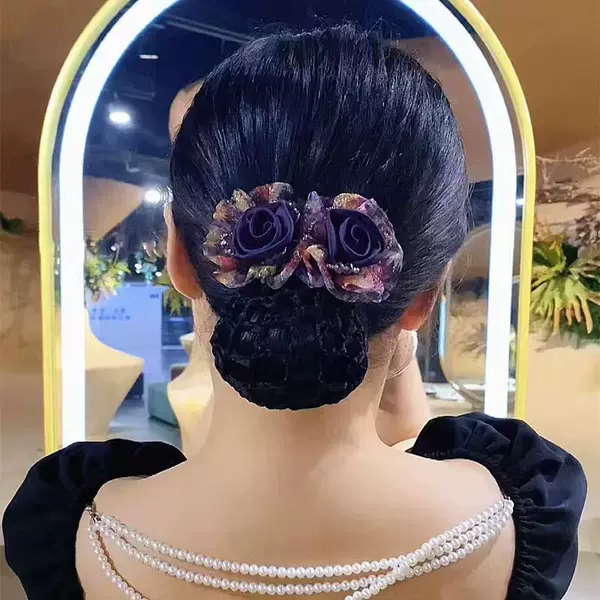 Non-metal fabric hair accessories mesh pocket high-end double flower hair net hairpin ponytail clip hair breaking artifact temperament head accessories