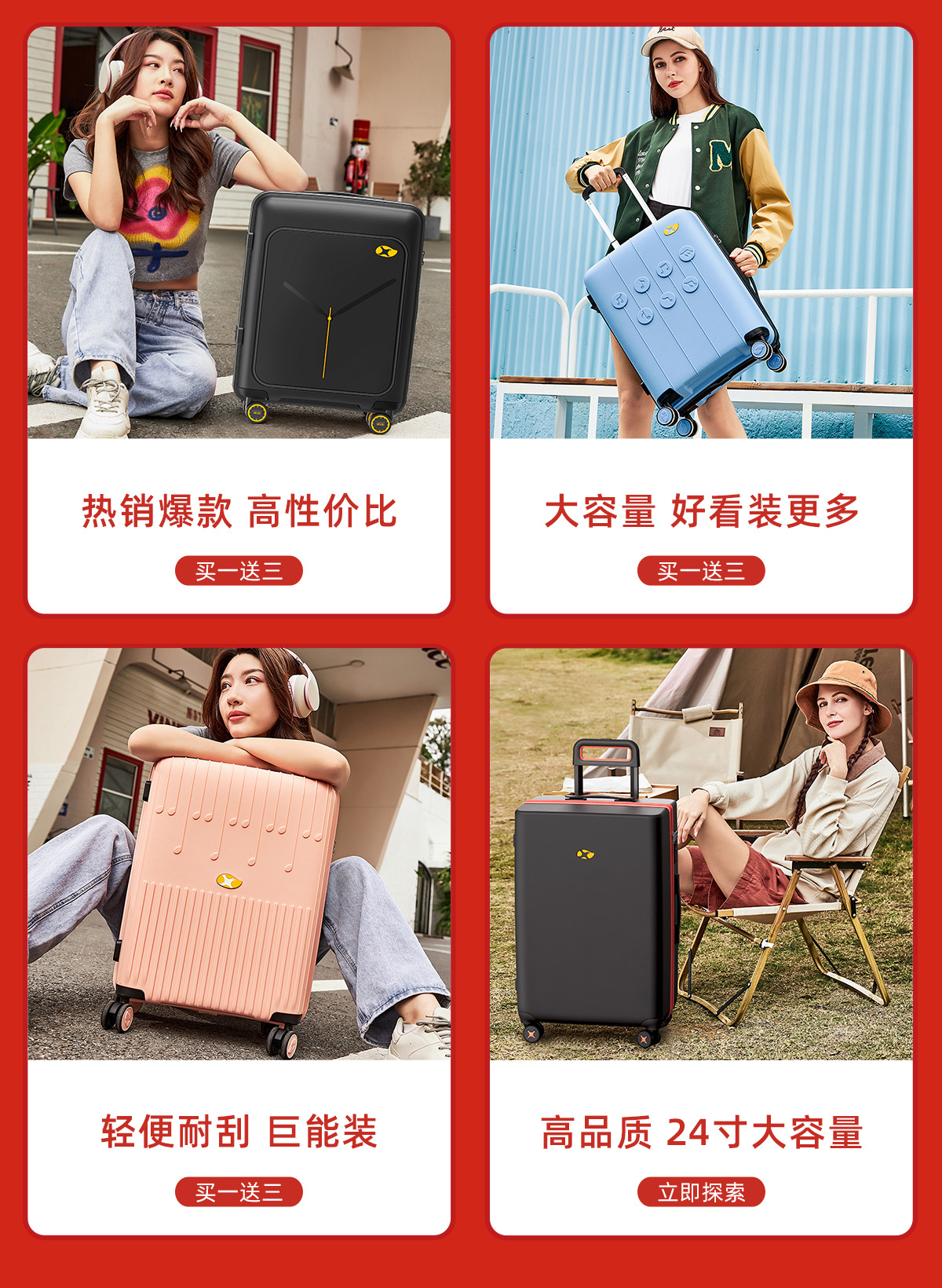 Vali nhựa PP size cabin 20 inch kéo tay, khóa mật khẩu, dây kéo YKK — màu vàng chi tiết 3