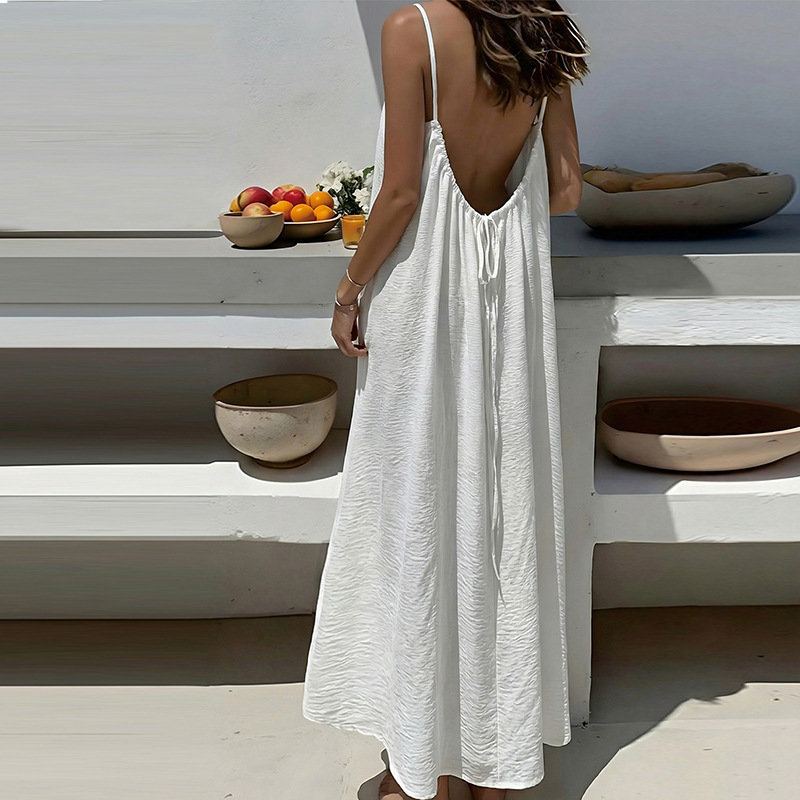 Cross-Border Summer Long Dress European and American Style Backless Home Wear Solid Color Vacation Style Long Dress with Straps Sleeveless Foreign Trade Dress Wholesale