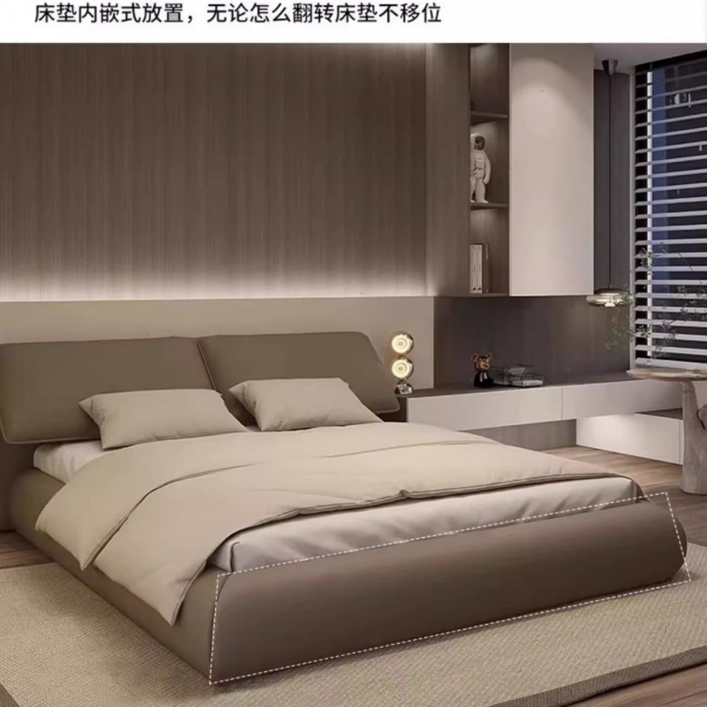 Luz lujosa cama doble moderna y simple, atmósfera italiana de alta gama, cama de matrimonio minimalista, cama queen, cama de cuero de orejas de elefante, dormitorio principal.
