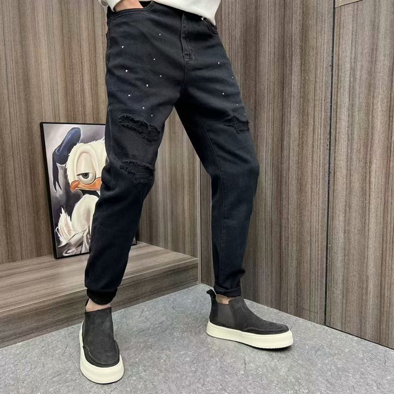 Casual Scratched American High Street Style Loose Wide-Leg Pants For Women Men, Autumn Black And Gray Trendy_mkmklike.com