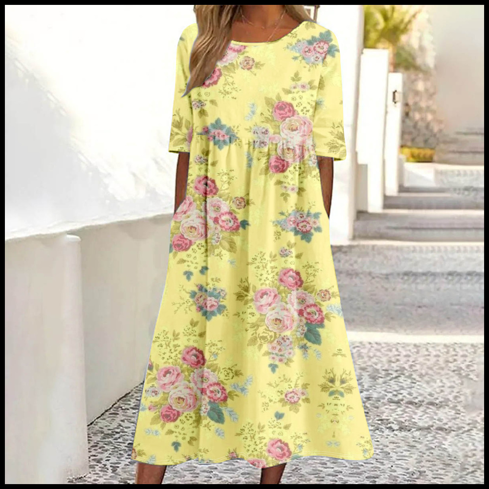 Women's Mid-Waist Summer Casual Round Neck Printed Flared Dress_ecoleips.com