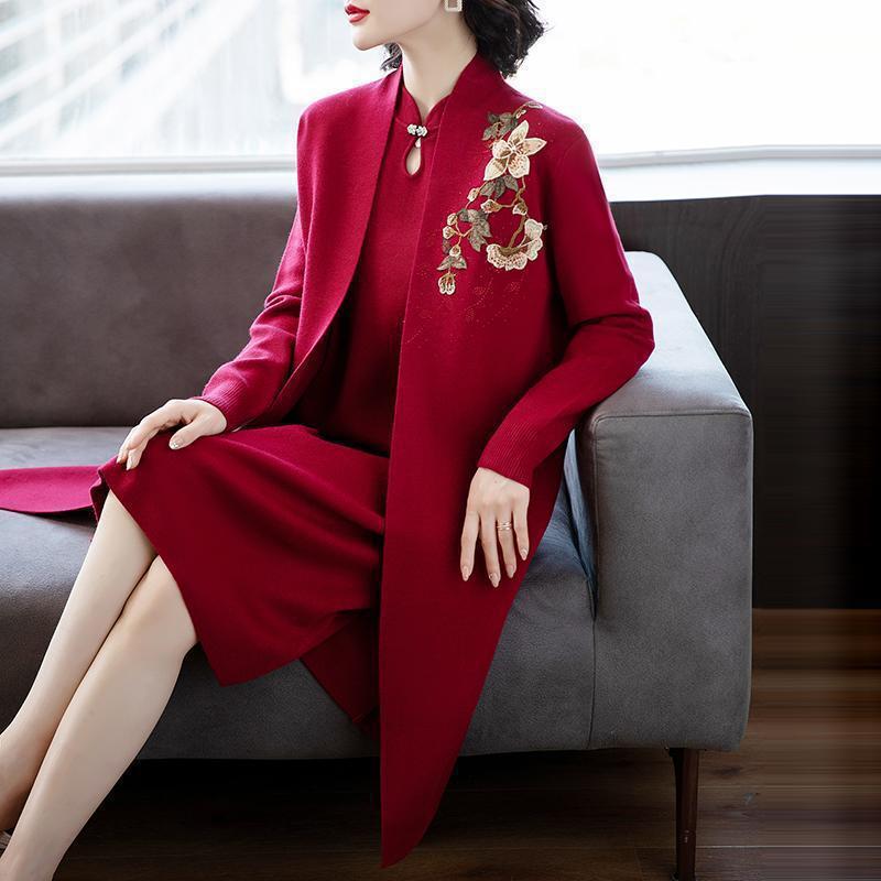 婚宴礼服妈妈喜婆婆装外套高贵秋装连衣裙结婚礼旗袍春秋两件套装|undefined