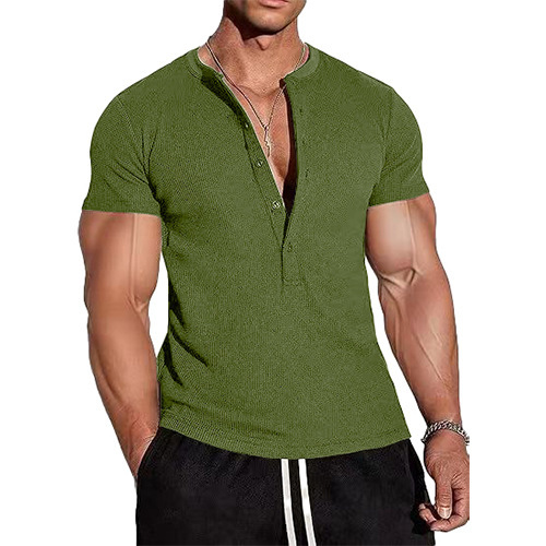 Men's Henry V-Neck Short-Sleeved T-Shirt, Slim-Fitting Sports Base Layer Top, Breathable, Moisture-Wicking, Versatile, Solid Color