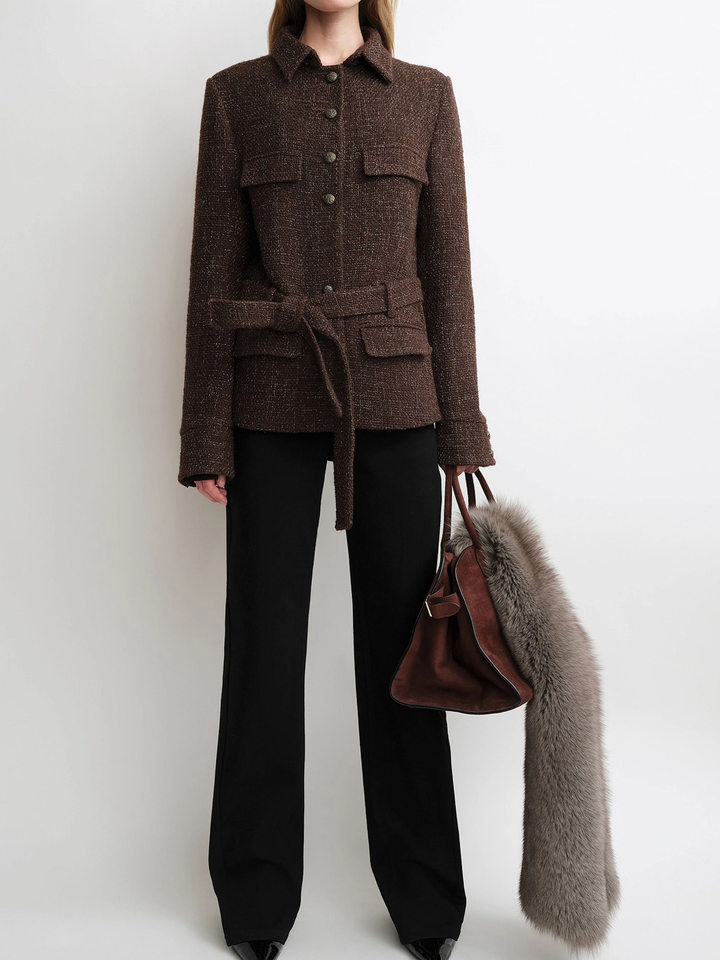 Áo khoác nữ dáng ôm kiểu sơ mi chất liệu dạ tweed lông cừu kèm thắt lưng, dài tay, cổ vest — Màu đỏ rượu Port