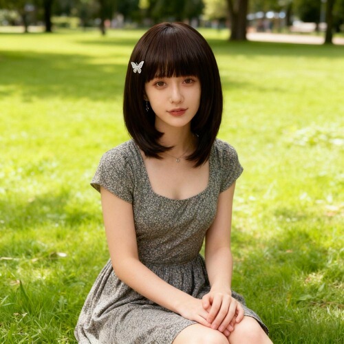 Female Ji Fa Style Wavy Bobo Headpiece Full Head Wig with Straight Fringe Student Simulation